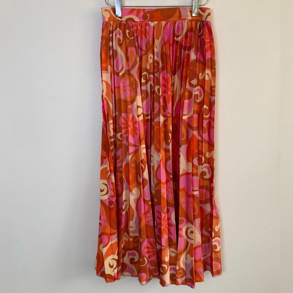 NWT ASOS DESIGN Pleated Midi Skirt Retro Floral Pink Orange US 4